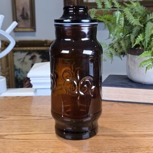 Vintage Amber Art Glass Goblet Hand Painted Purple Flowers Gold Trim MCM 9"